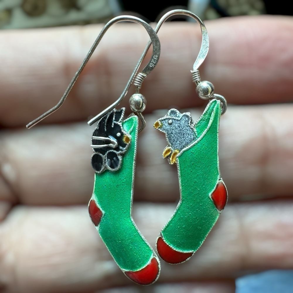 VTG Cat Mouse in Stocking Dangle Earrings 1.7 Inch Enamel Signed Sterling 2.9g